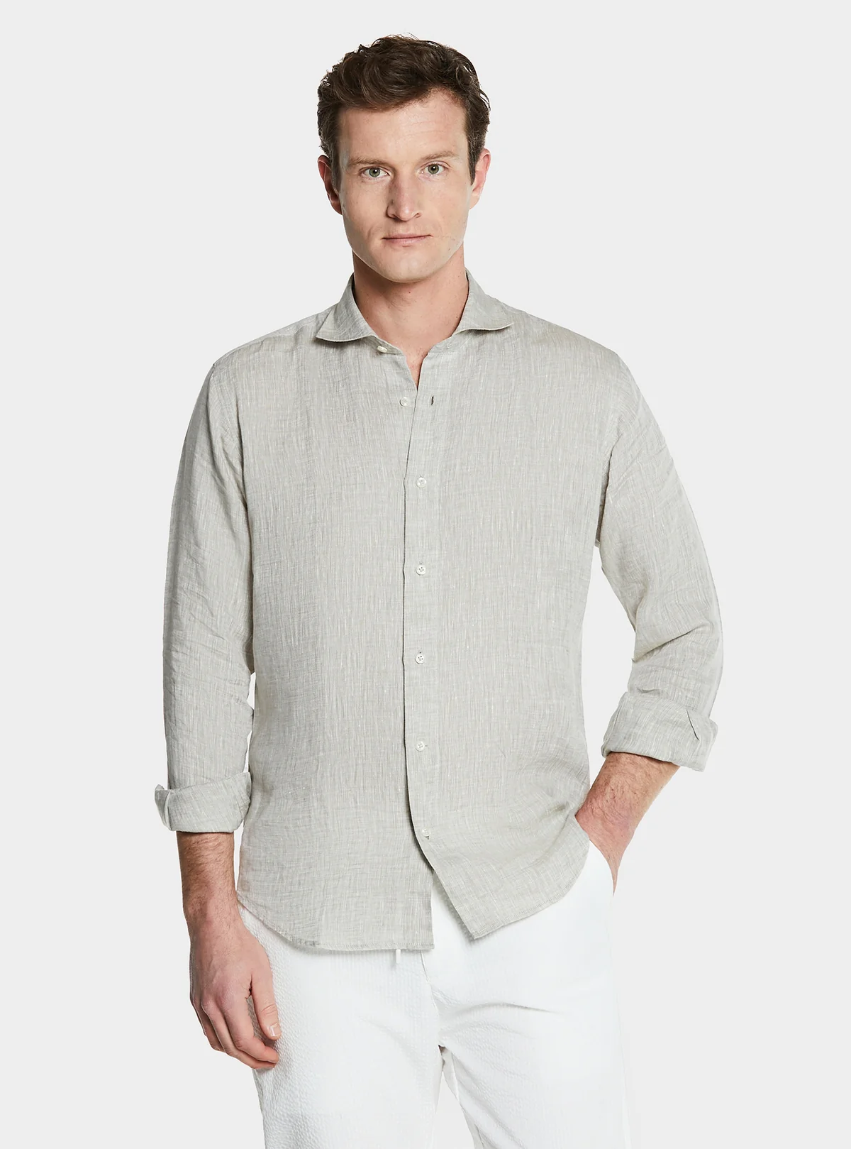Camicia collo francese in lino tinta unita. - Image 2