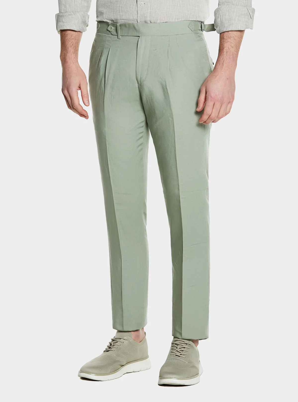 Pantaloni con doppia pince e fibbie in misto lino