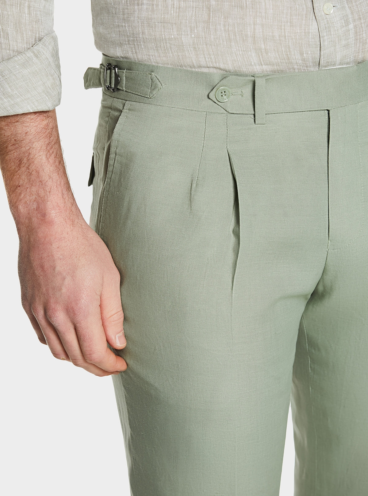 Pantaloni con doppia pince e fibbie in misto lino - Image 2