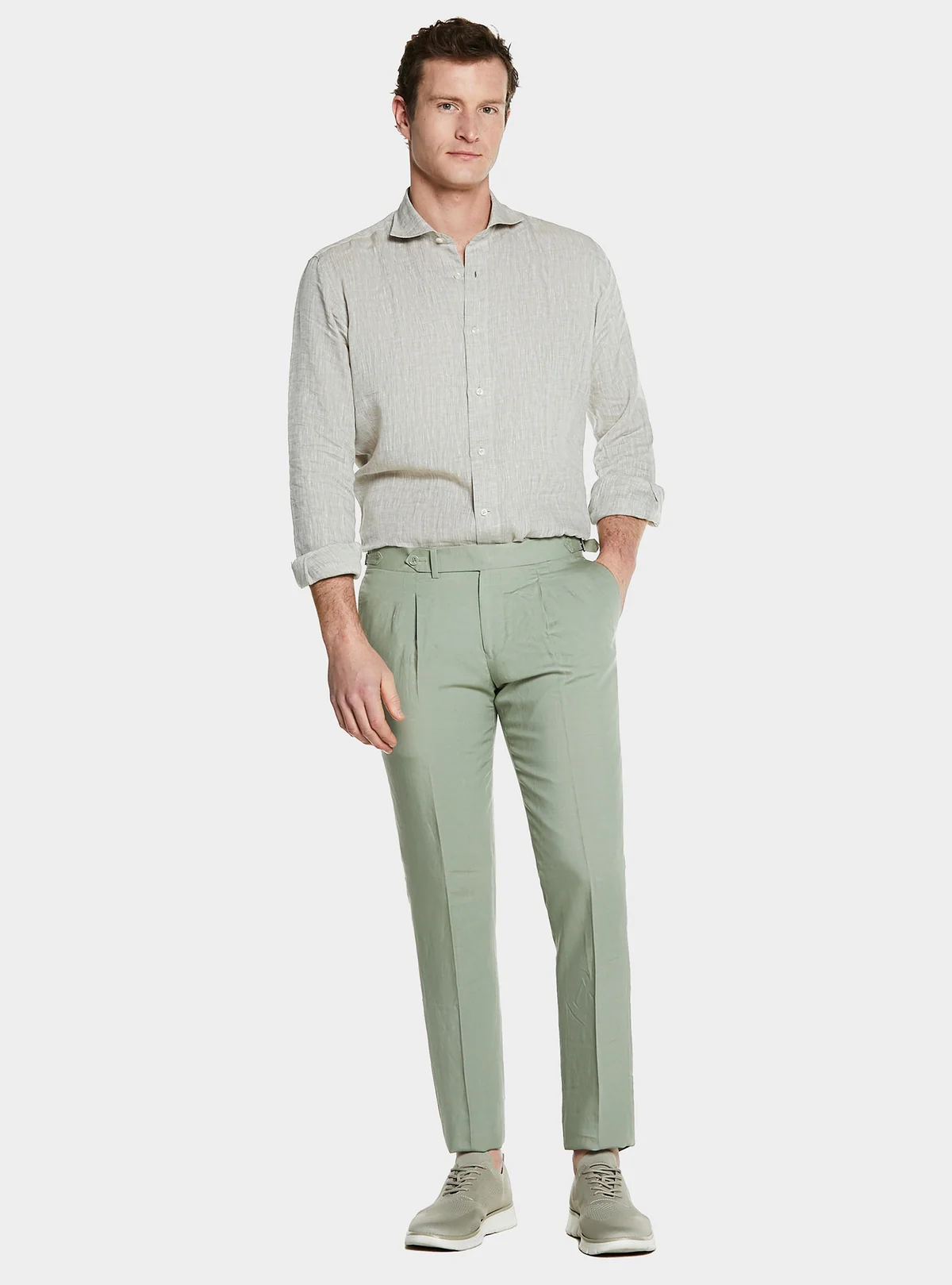 Pantaloni con doppia pince e fibbie in misto lino - Image 4