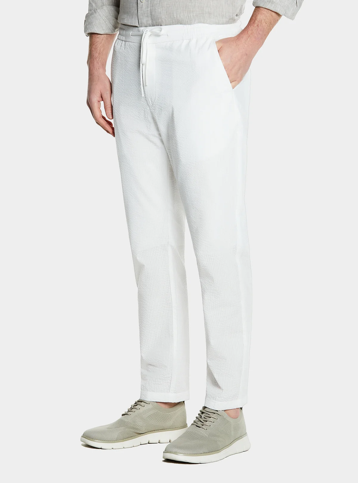 Pantalone con coulisse in misto cotone trama rigata - Image 4