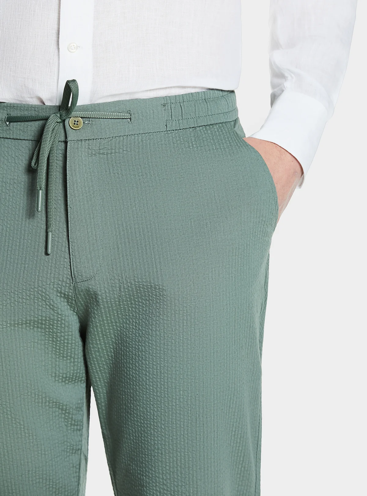 Pantalone con coulisse in misto cotone trama rigata - Image 2