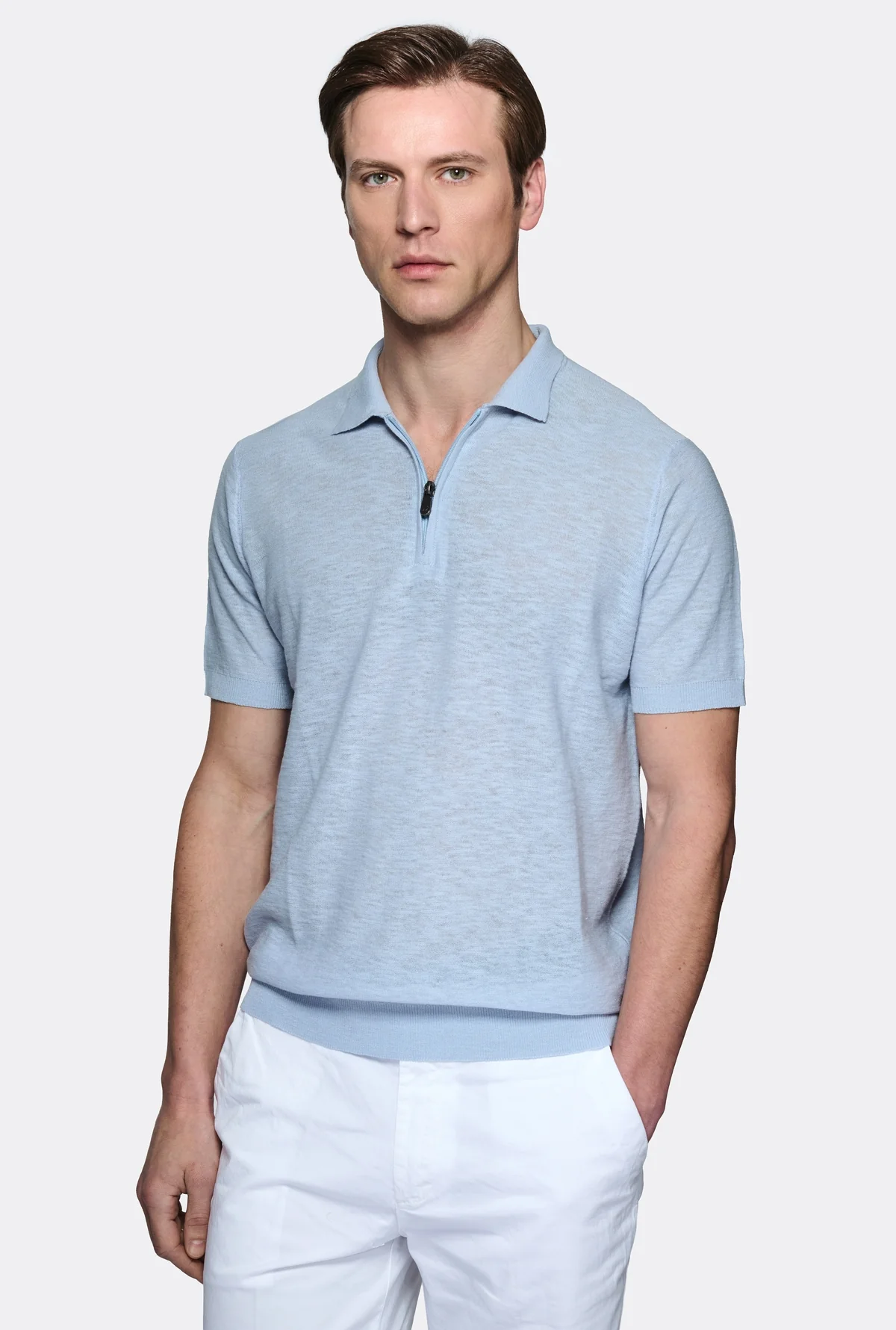 Polo in cotone e lino con zip