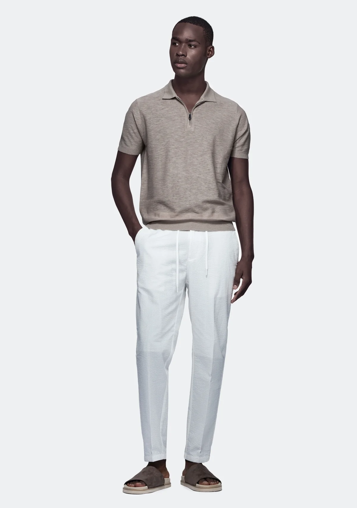 Polo in cotone e lino con zip